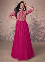 Real Chinnon Silk Pink Wedding Wear Embroidery Work Readymade Gown With Dupatta